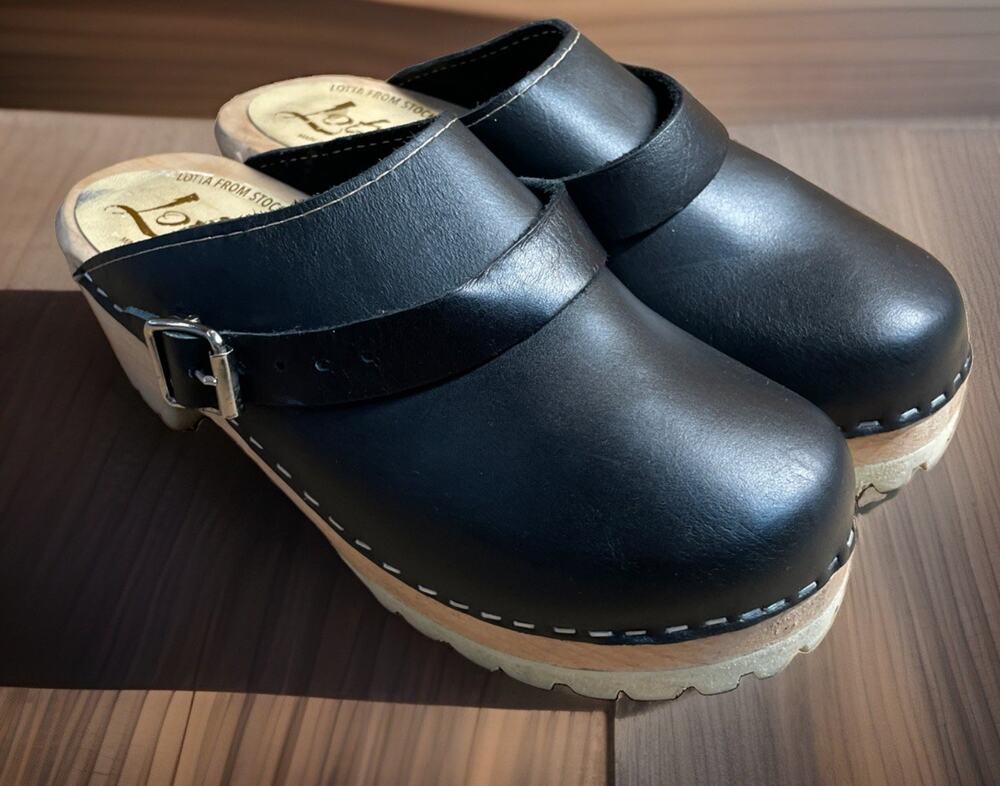 Lotta Stockholm Black Swedish Leather Adjustable Strap Wood Clogs Womens 6.5-7